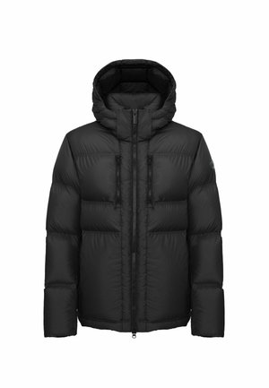 Schwarze Steppjacke mit Kapuze, ausgestattet mit einem Reißverschluss vorne, zwei Reißverschlusstaschen, gestepptem Design und einer glatten, glänzenden Textur.