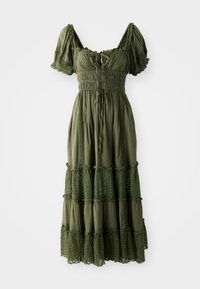 Olijfgroene, gelaagde midi-jurk met korte pofmouwen, gerimpelde bodice, kantaccenten aan de zoom en een trekkkoord in de taille.