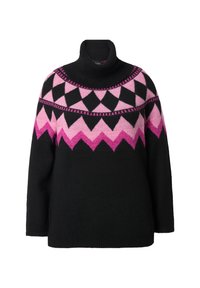 Maglione nero con collo alto, caratterizzato da un motivo geometrico in rosa e rosa scuro. Texture morbida, lavorazione a maglia, maniche lunghe e vestibilità rilassata.