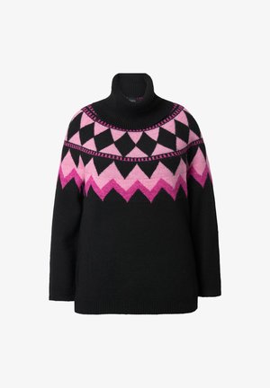 Zwarte trui met een hoge hals, voorzien van een geometrisch patroon in roze en donkeroze. Zachte, gebreide textuur, lange mouwen en een relaxed fit.