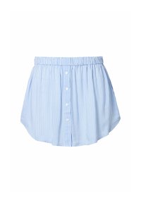 Camicia a righe blu e bianche con vita elastica, dotata di chiusura frontale con bottoni e orlo curvo. Tessuto morbido con una texture leggera.