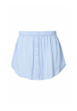 Camisa de rayas azul y blanca con cinturilla elástica, que cuenta con un cierre delantero de botones y un bajo curvado. Tejido suave con una textura ligera.