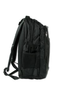 Zwarte nylon rugzak met dubbele ritsen, een mesh zijzak, verstelbare schouderbanden en een gestructureerd ontwerp, geschikt voor dagelijks gebruik.