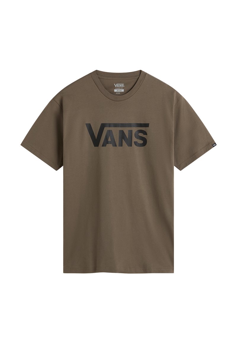 Braunes Baumwoll-T-Shirt mit einem schwarzen "VANS"-Logo auf der Brust, kurzen Ärmeln und einem klassischen Rundhalsausschnitt. Weiche Textur.