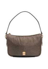 Sac à épaule à motif métallique avec fermeture éclaire, garniture en cuir noir et bandoulière amovible. Présente un détail en matériel doré.