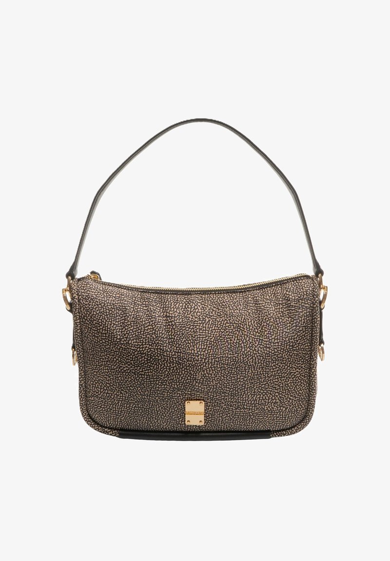 Sac à épaule à motif métallique avec fermeture éclaire, garniture en cuir noir et bandoulière amovible. Présente un détail en matériel doré.