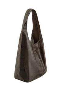 Torba hobo w brązowy wzór węża, charakteryzująca się luźnym fasonem, pojedynczym paskiem na ramię oraz gładką, błyszczącą teksturą.