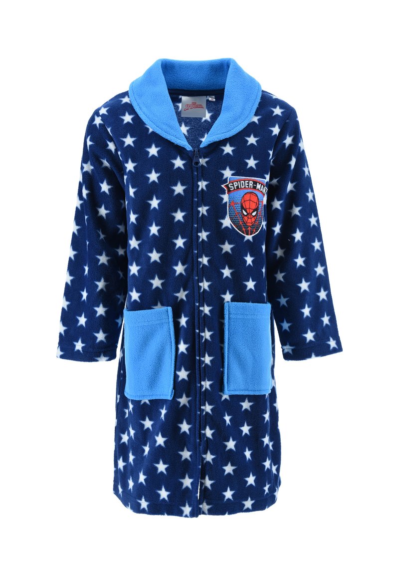 Navy blue fleece robe featuring white stars, blue collar, and Spider-Man emblem. Includes two front pockets. Zipper closure.