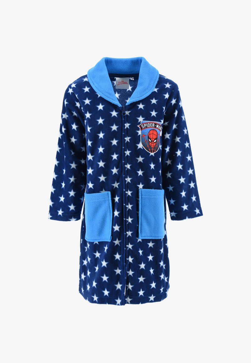 Marineblaue Fleecerobe mit weißen Sternen, blauem Kragen und Spider-Man-Emblem. Enthält zwei Fronttaschen. Mit Reißverschluss.