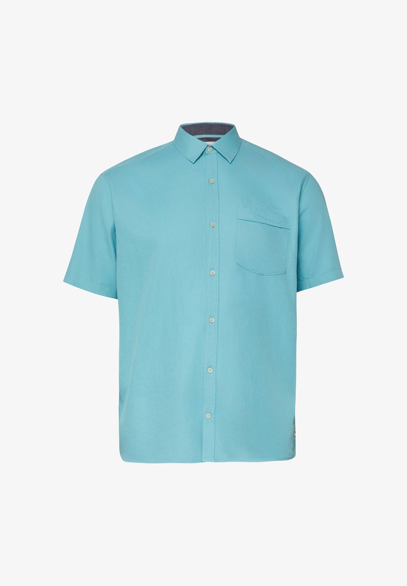 Chemise à manches courtes bleu clair avec col, boutons sur le devant et une poche poitrine sur le côté gauche, sur fond blanc.