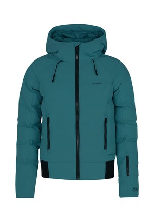 Teal geïsoleerde jas met een capuchon, voorzien van zwarte accenten, ritszakken en verstelbare trekkoorden op de capuchon en de zoom.