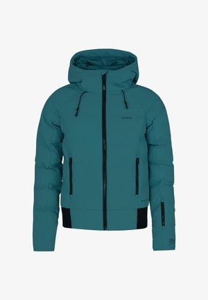 Mėlynas izoliuotas džemperis su gobtuvu, juodais akcentais, užtrauktukais ant kišenių ir reguliuojamais raiščiais gobtuve bei apatine dalimi.