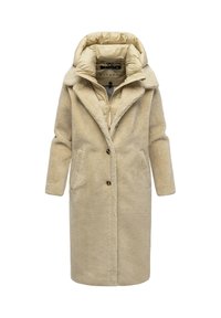Cappotto in finta pelliccia beige con cappuccio imbottito, chiusura con bottoni e tasche laterali. Presenta una texture morbida e maniche lunghe.