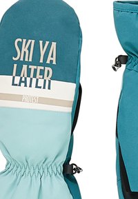 Tyrkysové lyžiarske rukavice s textom "SKI YA LATER" v bielej farbe, s kontrastným svetlomodrým pásom a nastaviteľným uzáverom na zápästí.