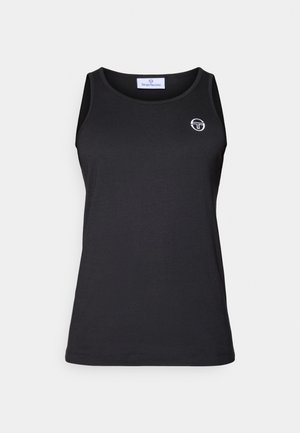 Black tank top in soft, stretchy cotton. Features a crew neckline and a small white logo on the left chest. Clean, simple design.