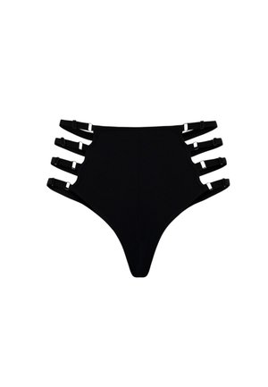 Czarny bikini z wysokim stanem, z detalami w postaci pasków po obu stronach. Gładki materiał o bezszwowym designie oraz minimalistycznej sylwetce.