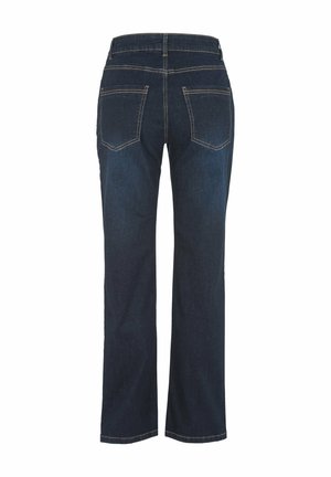 Mörkblå denimjeans med rak benpassform, som har en hög midja och två bakfickor, accentuerade med kontrasterande sömmar.
