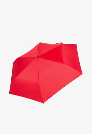 Red umbrella with a smooth texture, eight panels, and a central hub. Features a black accent at the top and branding on the edge.