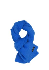 Foulard blu brillante realizzato in un tessuto morbido e testurizzato, attorcigliato in un anello. Presenta un'etichetta con il nome del marchio vicino all'estremità.