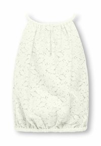 Kanten jurk in off-white met een gathered elastische halslijn en zoom, voorzien van bloemmotieven en dunne schouderbandjes voor een verstelbare pasvorm.