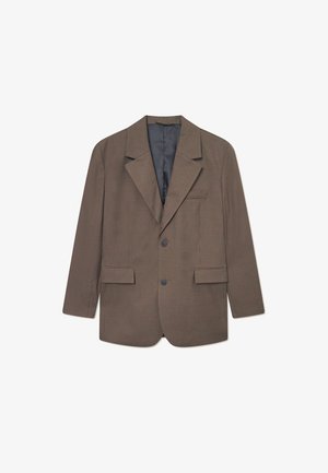 Hnědý kostkovaný blejzr s klopovými límci, dvěma předními kapsami a jednořadým zapínáním na knoflík. Vnitřní podšívka je z jednobarevné šedé látky.