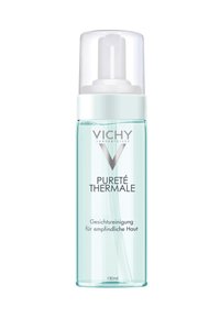 Clear bottle with a pump dispenser, labeled "Pureté Thermale" by Vichy. Contains 150ml of a transparent cleansing liquid for sensitive skin.