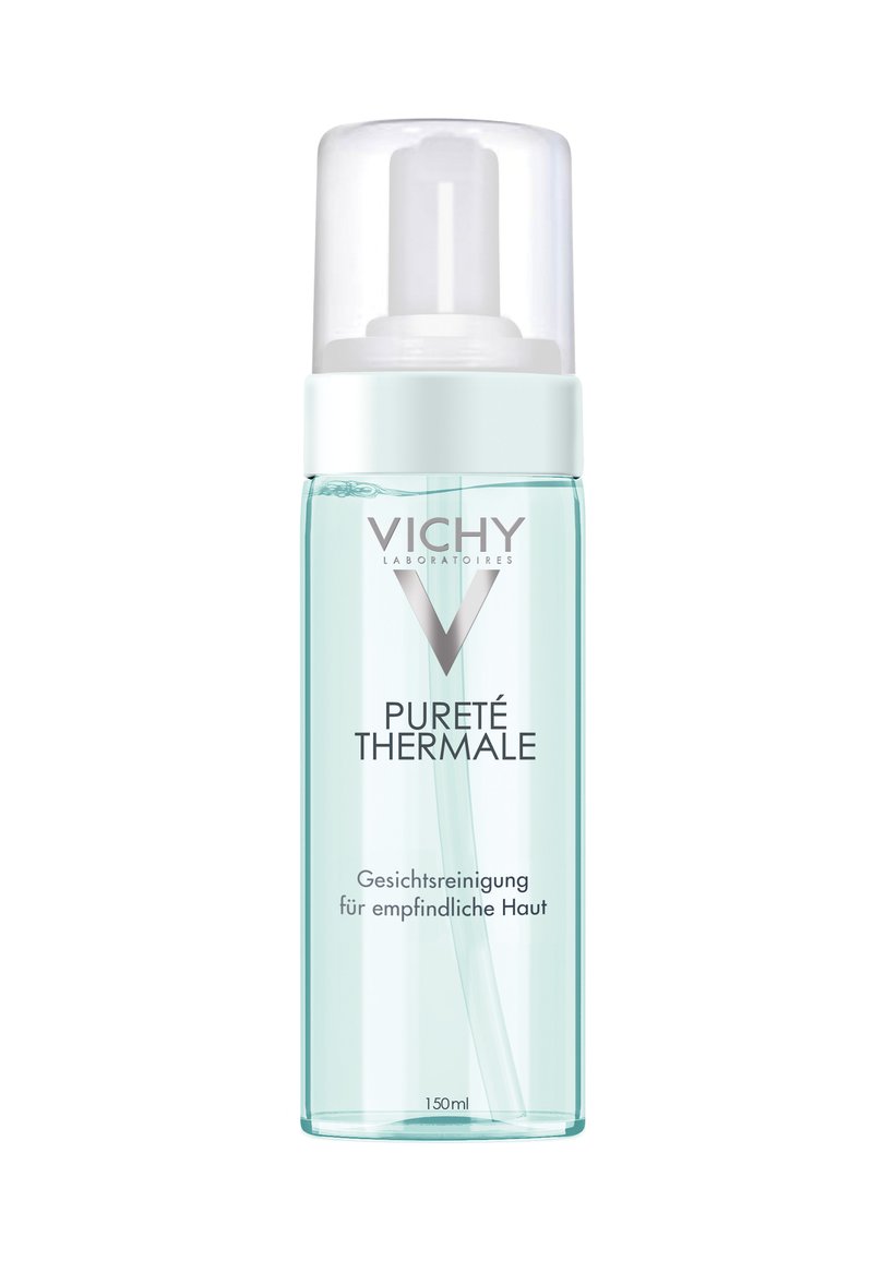 Clear bottle with a pump dispenser, labeled "Pureté Thermale" by Vichy. Contains 150ml of a transparent cleansing liquid for sensitive skin.