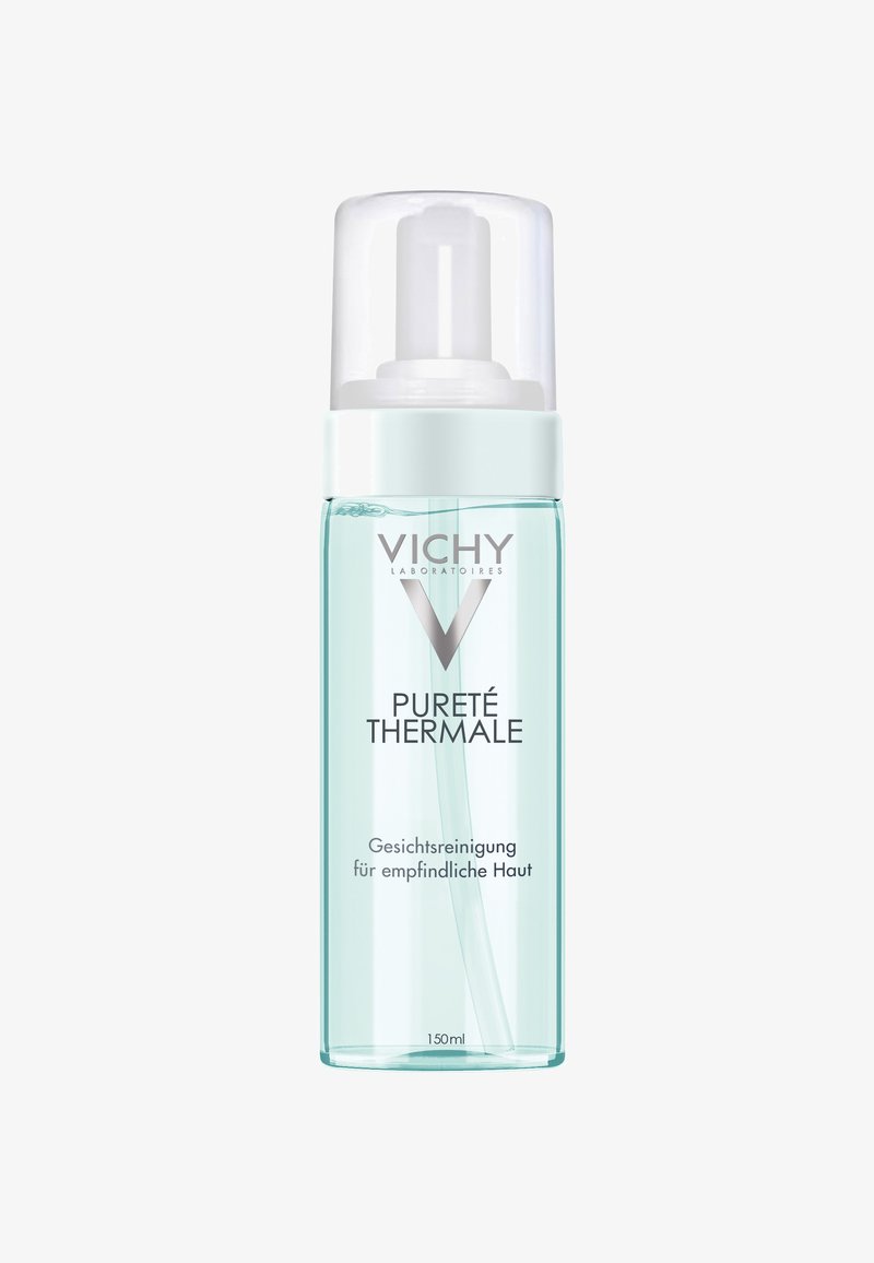 Clear bottle with a pump dispenser, labeled "Pureté Thermale" by Vichy. Contains 150ml of a transparent cleansing liquid for sensitive skin.