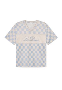 Blue and cream checkered mesh short-sleeve t-shirt with a V-neck and "Les Deux" embroidered on the front in cursive.
