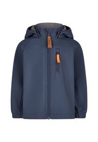 Navy blue softshell jacket with gray lining, a zip front, adjustable hood, and orange zipper accents. Features elastic cuffs and a subtle textured finish.