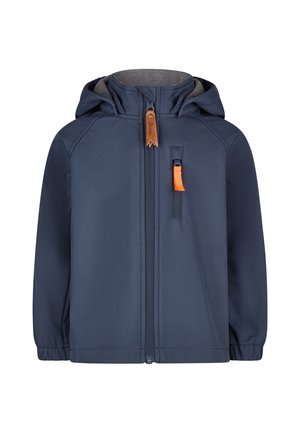 Navy blue softshell jacket with gray lining, a zip front, adjustable hood, and orange zipper accents. Features elastic cuffs and a subtle textured finish.