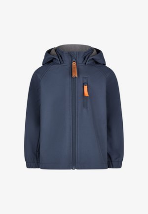 Navy blue softshell jacket with gray lining, a zip front, adjustable hood, and orange zipper accents. Features elastic cuffs and a subtle textured finish.