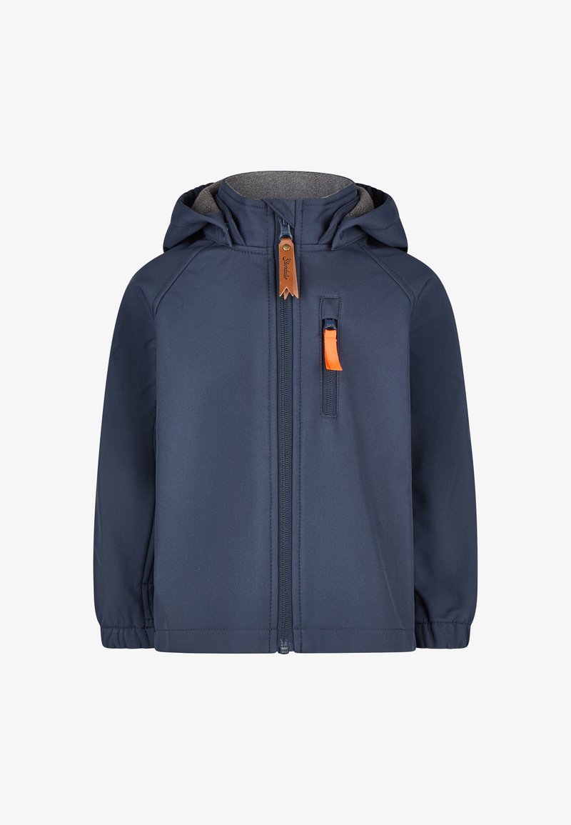 Dunkelblaue Softshell-Jacke mit grauem Innenfutter, durchgehendem Reißverschluss, verstellbarer Kapuze und orangefarbenen Reißverschlussakzenten. Sie verfügt über elastische Bündchen und eine dezente, strukturierte Oberflächenbeschaffenheit.
