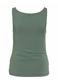 Débardeur vert sans manches en matière lisse. Il présente un col rond et une coupe ajustée avec un léger drapé sur les côtés.