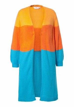 Sweter kardigan z otwartym przodem, z gradientowym wzorem w kolorach pomarańczowym i turkusowym. Długie, balonowe rękawy oraz teksturowany materiał dla ciepła.