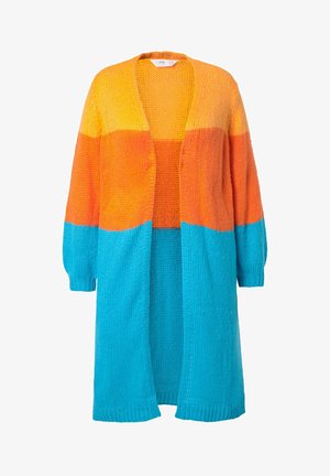 Strickjacke mit offenem Vorderteil, ausgestattet mit einem Farbverlauf in Orange und Türkis. Lange, ballonförmige Ärmel und strukturierter Stoff für Wärme.
