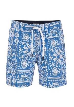 Blue swim shorts featuring a white floral and geometric pattern, elastic waistband with drawstring, and smooth fabric texture.