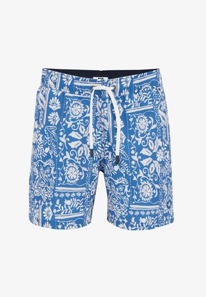 Blaue Badekurzur mit einem weißen Blumen- und geometrischen Muster, elastischem Bund mit Kordelzug und glatter Stoffstruktur.
