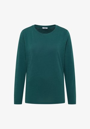 Chemise à manches longues en tissu léger de couleur teal avec un col rond, présentant une texture lisse et un design simple sans motifs ni accents.