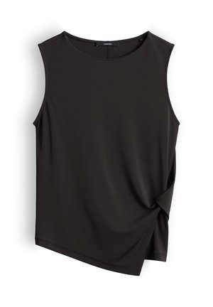 Top nero senza maniche con scollo rotondo e dettaglio nodo laterale, realizzato in tessuto liscio, mostrato disteso su sfondo bianco.