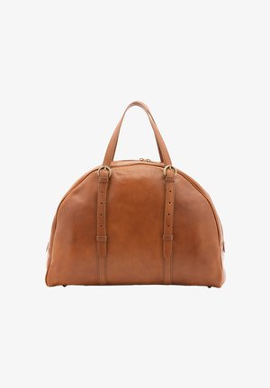 Sac de voyage en cuir marron avec deux sangles à boucle réglables et double poignées, présenté sur fond blanc.