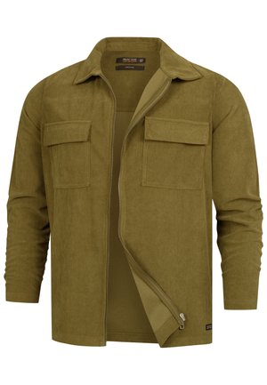 Olive green corduroy jacket with long sleeves, two chest pockets, and a zippered front. Features a soft texture and classic collar design.