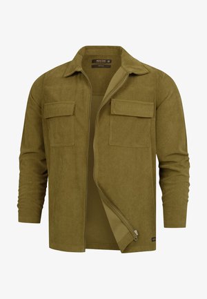 Olive green corduroy jacket with long sleeves, two chest pockets, and a zippered front. Features a soft texture and classic collar design.