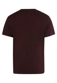 T-shirt corto bordeaux a maniche corte con colletto a girocollo, realizzato in morbido cotone. Presenta una texture liscia e un design semplice e pulito.