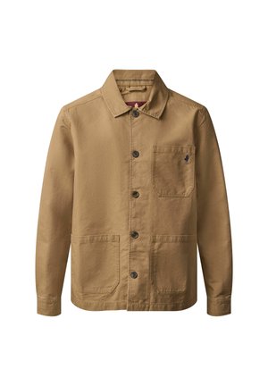 Veste légère marron avec un design à boutons, deux poches avant et un petit logo en accent. Prend en charge un col et des manches longues.