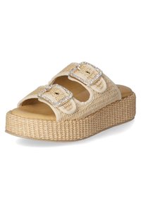 Beige platform sandals with woven texture, two wide straps featuring decorative silver buckles, and a cushioned footbed.
