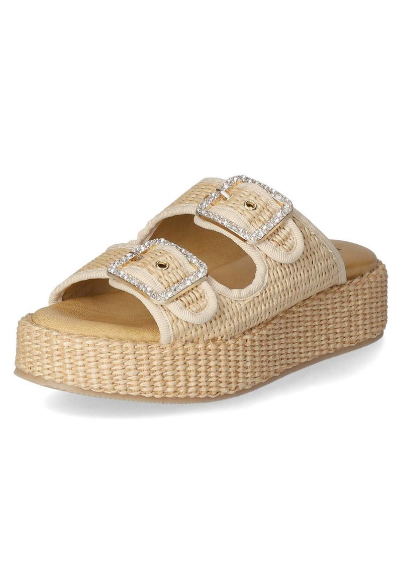 Beige platform sandals with woven texture, two wide straps featuring decorative silver buckles, and a cushioned footbed.