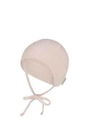 Light pink baby bonnet with subtle floral knit pattern and tie straps at the front, made of soft fabric.