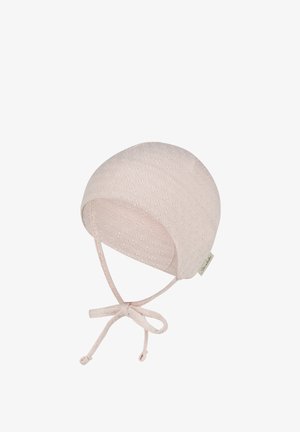 Light pink baby bonnet with subtle floral knit pattern and tie straps at the front, made of soft fabric.