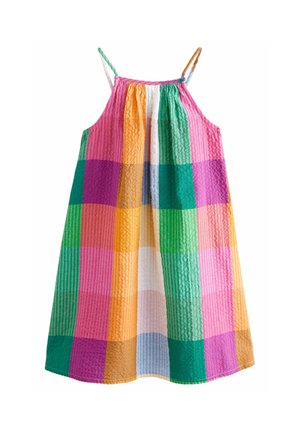 Mønstret ærmeløs kjole i flere farver med tekstureret stof, der har et stort ternet mønster i nuancer af pink, orange, grøn og lilla.